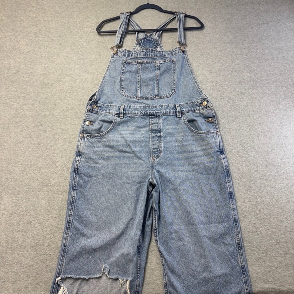 American Eagle Overalls Womens Large Blue Baggy Dad Bibs Distressed Denim